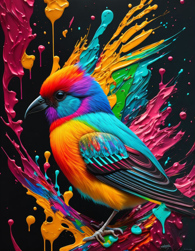 Vibrant Blue, Orange, and Yellow Bird in Colorful Paint Splash Background