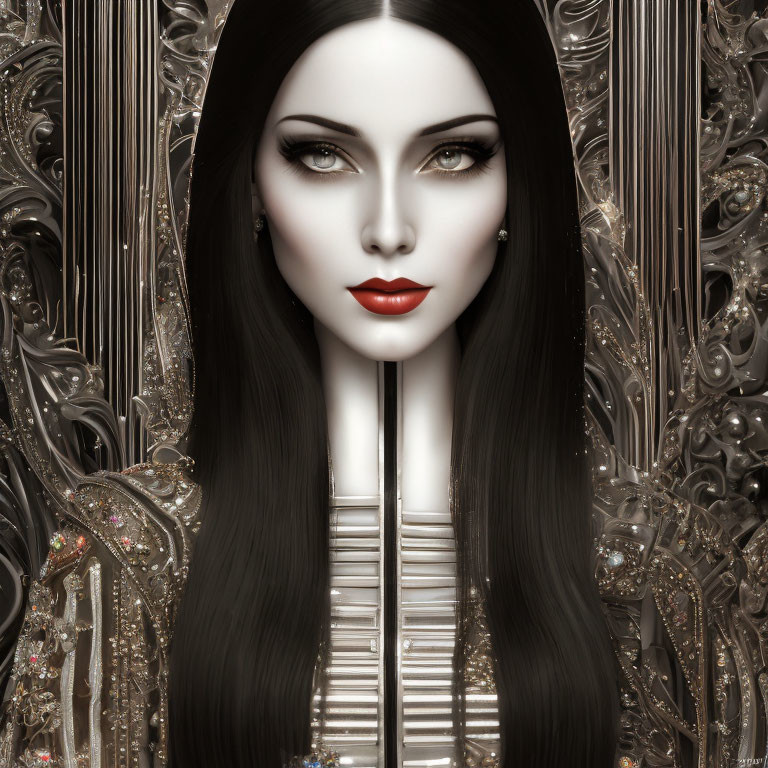 Digital artwork: Woman with long black hair, pale skin, green eyes, red lips on metallic background