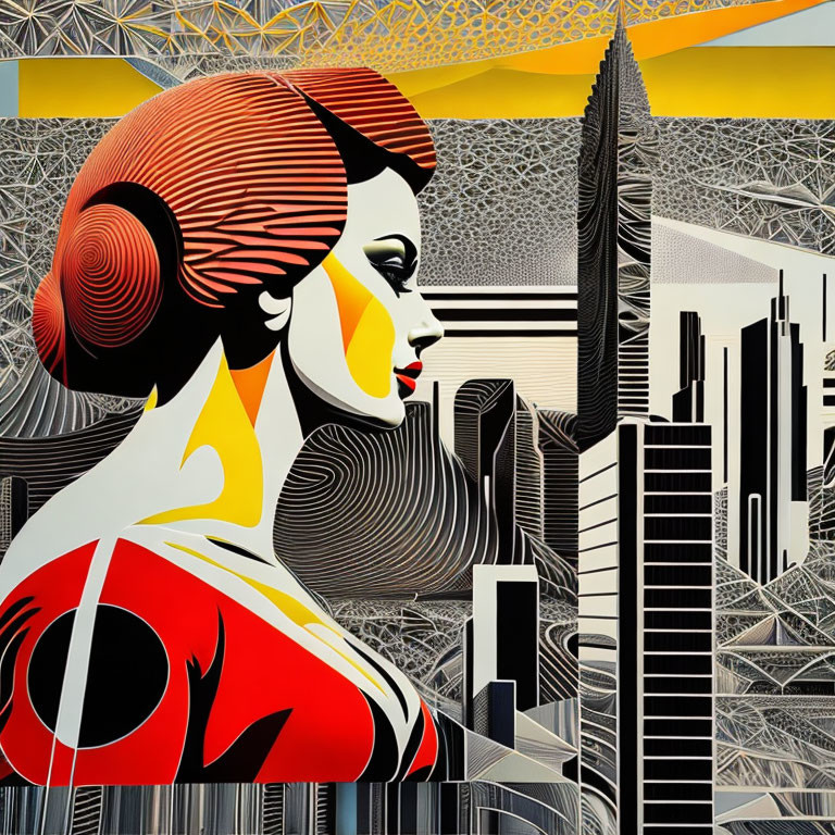 Stylized portrait of a woman with red details against geometric cityscape background