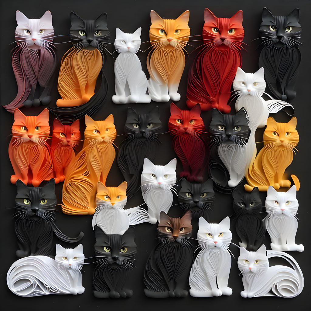 Stylized cat figures in different poses and colors on black background