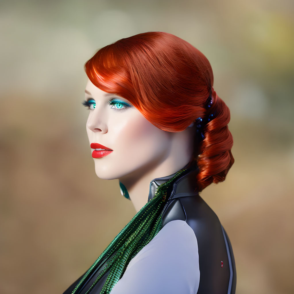 Female Figure with Vibrant Red Hair and Futuristic Outfit