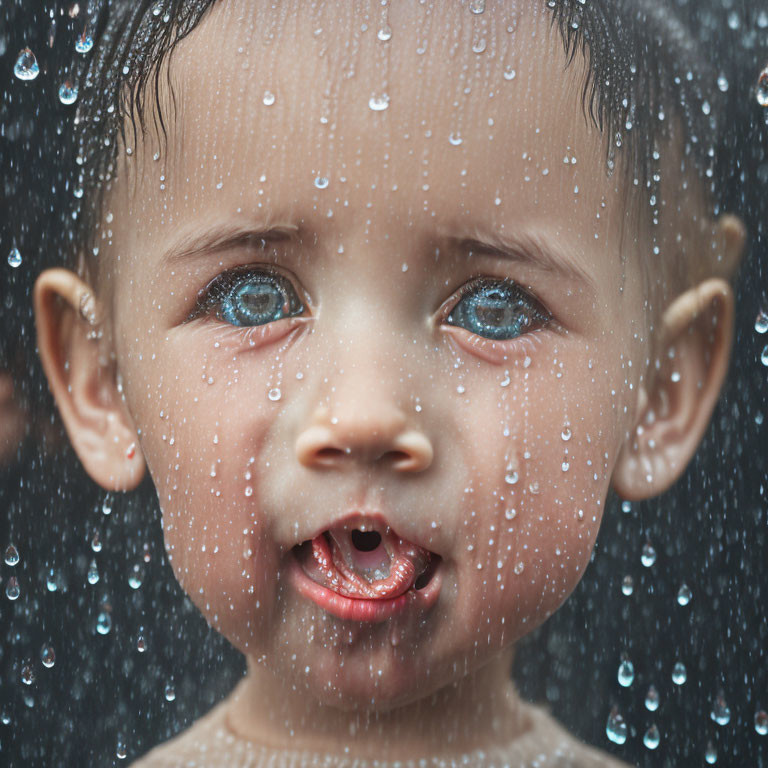 Toddler with sparkling blue eyes and wet skin gazing through rain-covered glass.