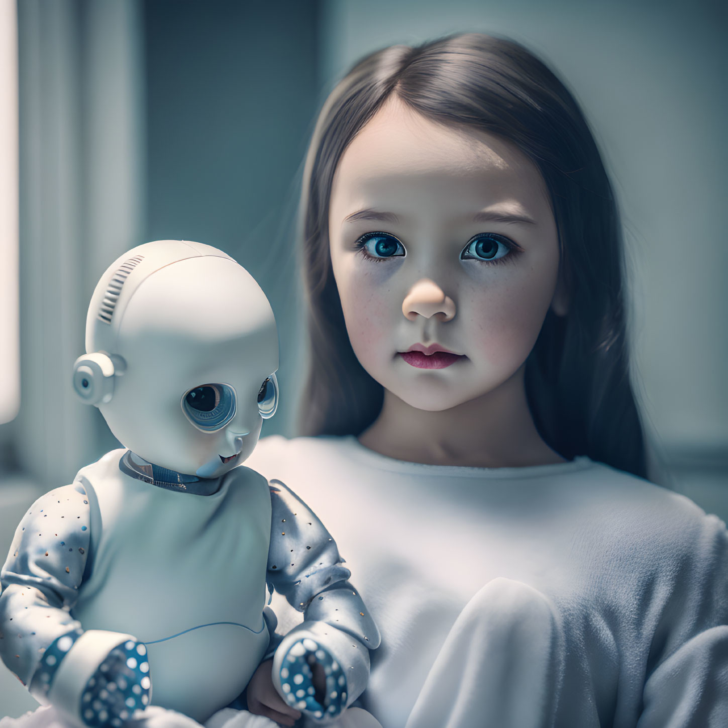 Young girl with blue eyes holding humanoid robot in soft-focus background