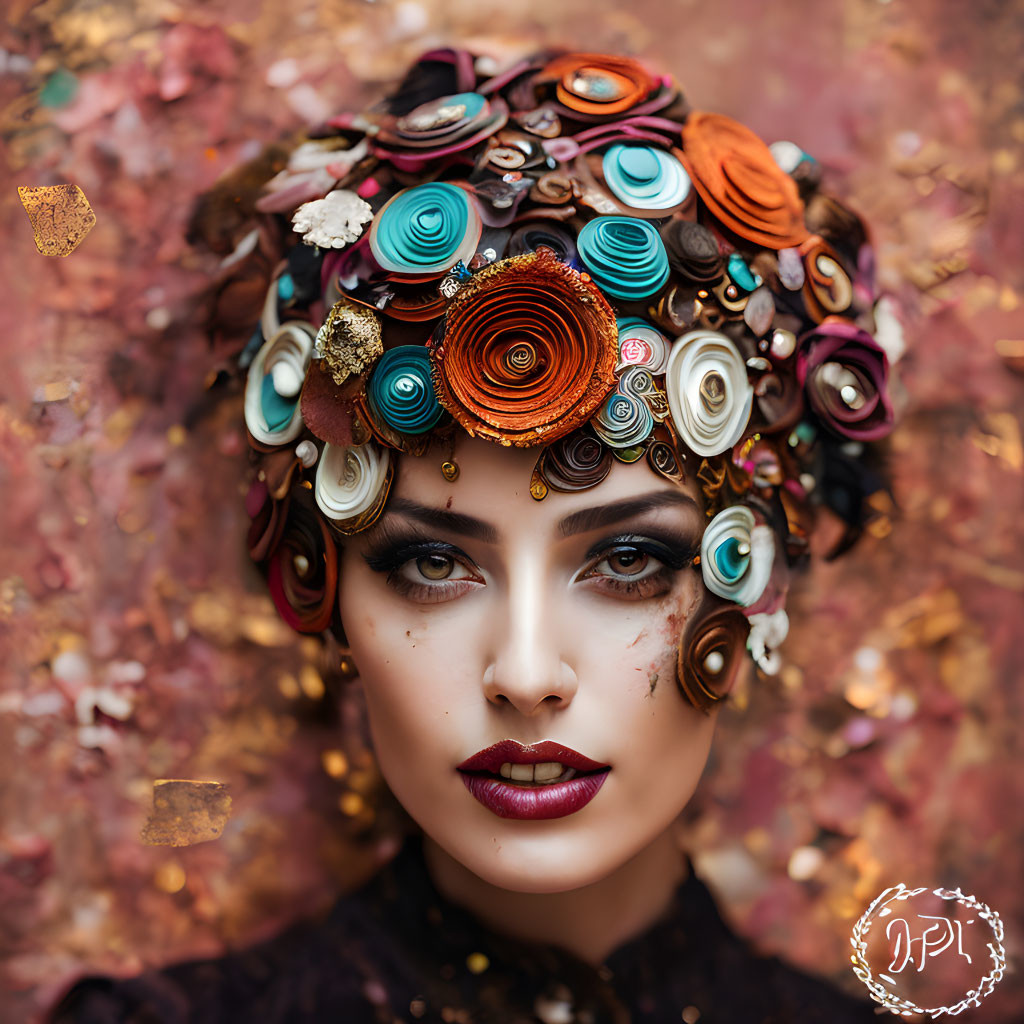 Colorful spiral paper flowers headdress on woman with dramatic makeup