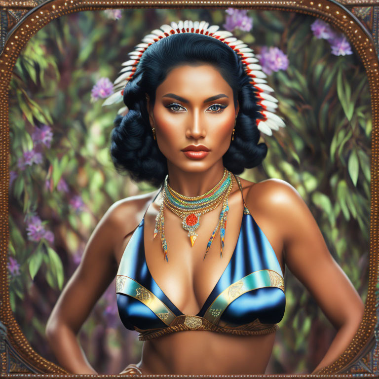 Illustrated portrait of woman in Native American headdress with jewelry on floral backdrop