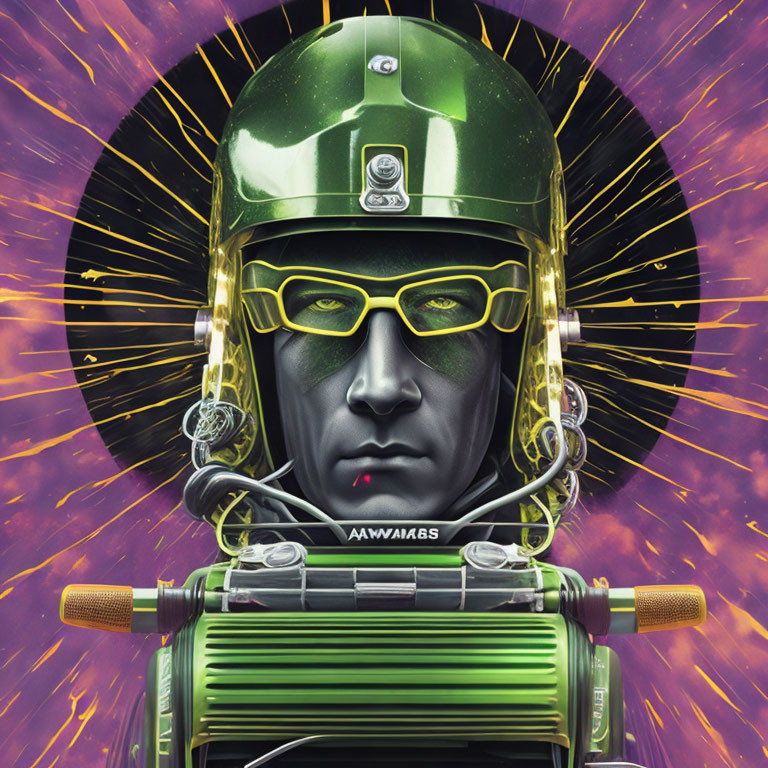 Futuristic soldier in green helmet with visor, cosmic background