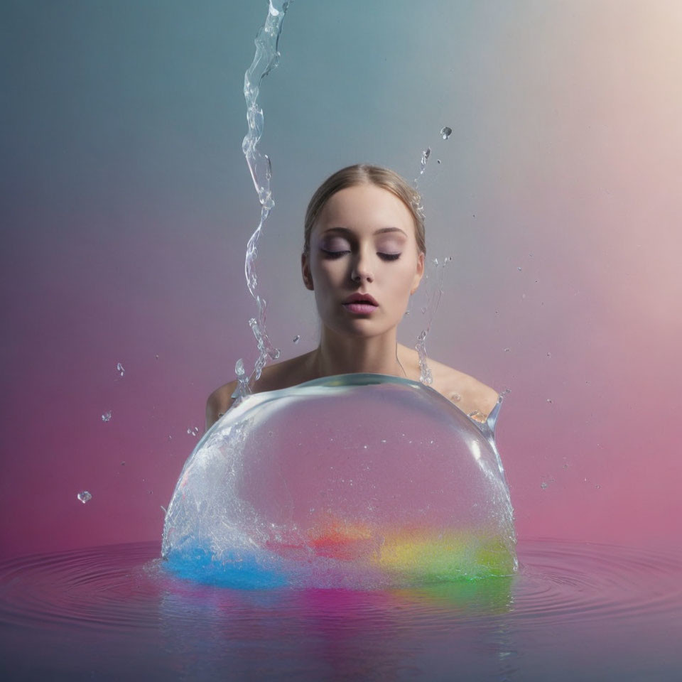 Woman emerging from water with closed eyes and rainbow bubble, water splashing.