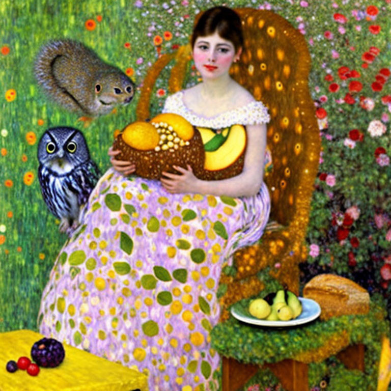 Woman in White and Purple Dress with Fruit Basket in Lush Garden