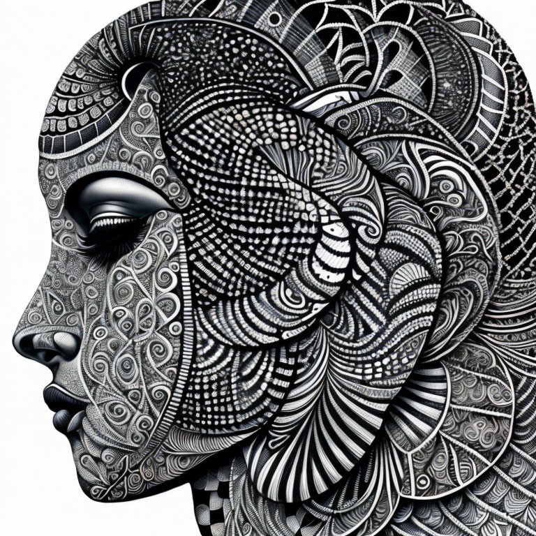 Monochrome portrait of woman with detailed patterns and textures