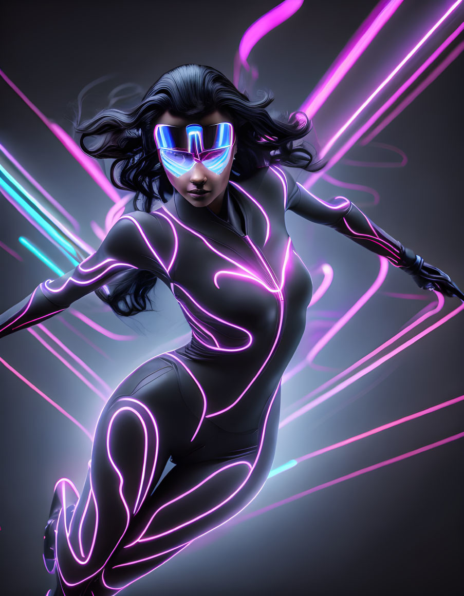 Futuristic digital illustration of a woman in sleek suit with neon accents