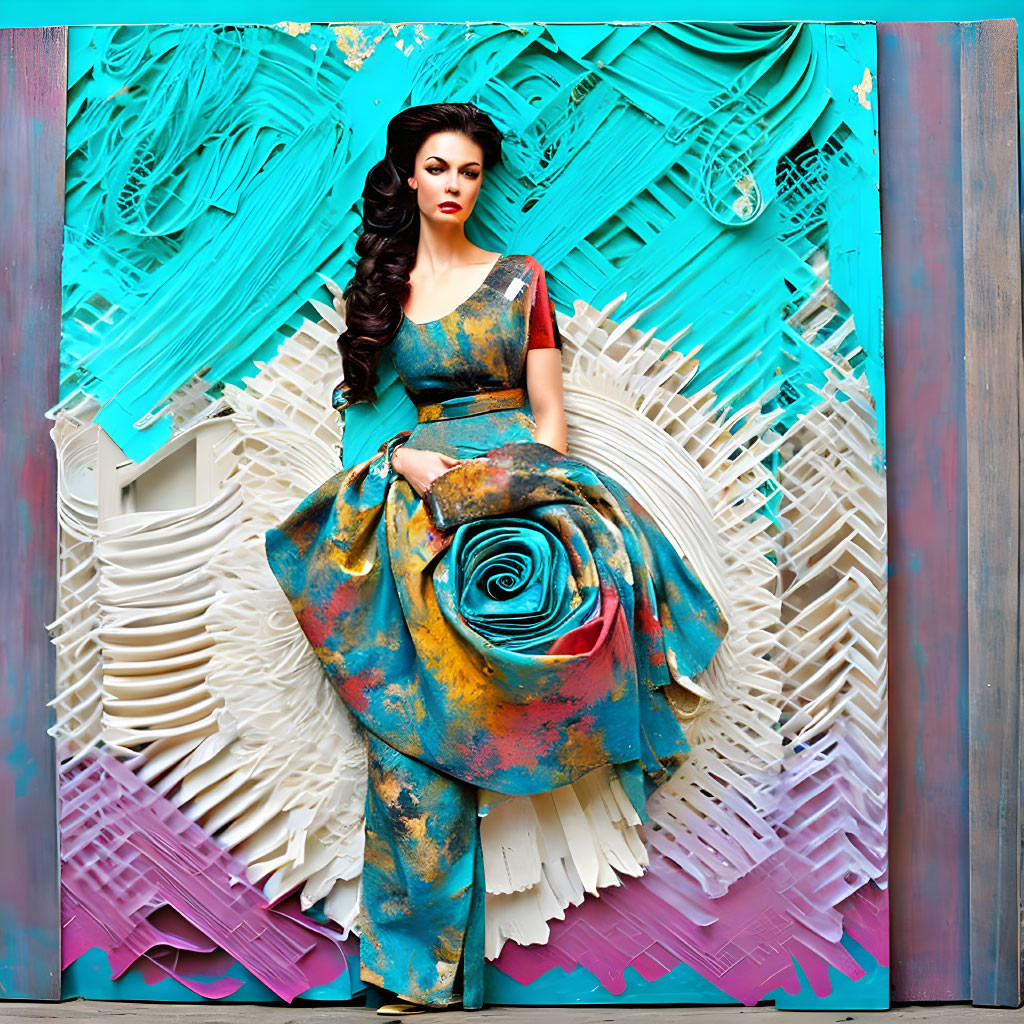 Woman in Vibrant Floral Dress Against Turquoise Frame