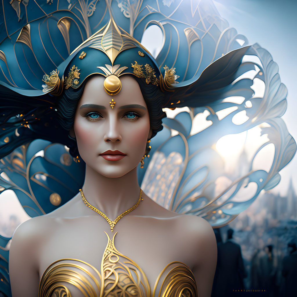 Elaborate golden headpiece on woman with intricate jewelry in regal fantasy setting