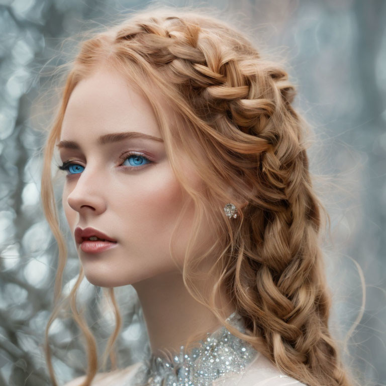 Portrait of woman with braided hair and blue eyes in elegant setting.