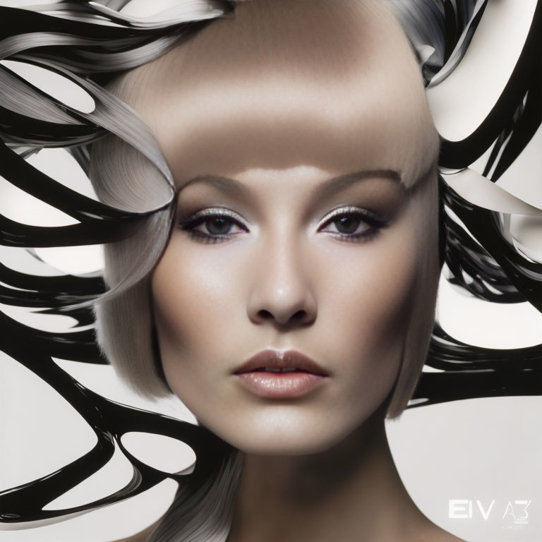 Symmetrical portrait of a woman with striking makeup and swirling hair designs