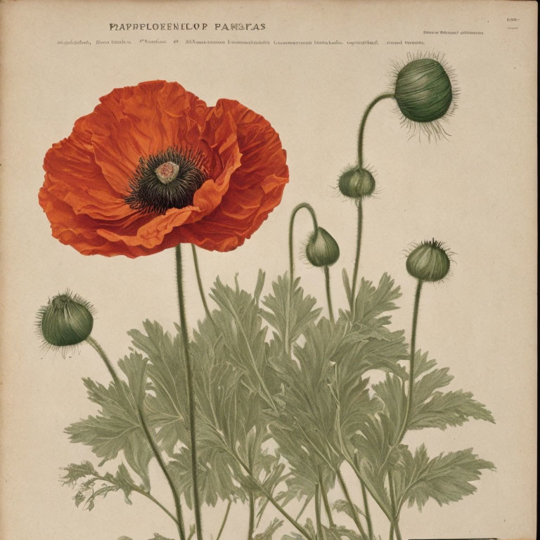 Detailed vintage red poppy flower growth stages illustration on off-white background