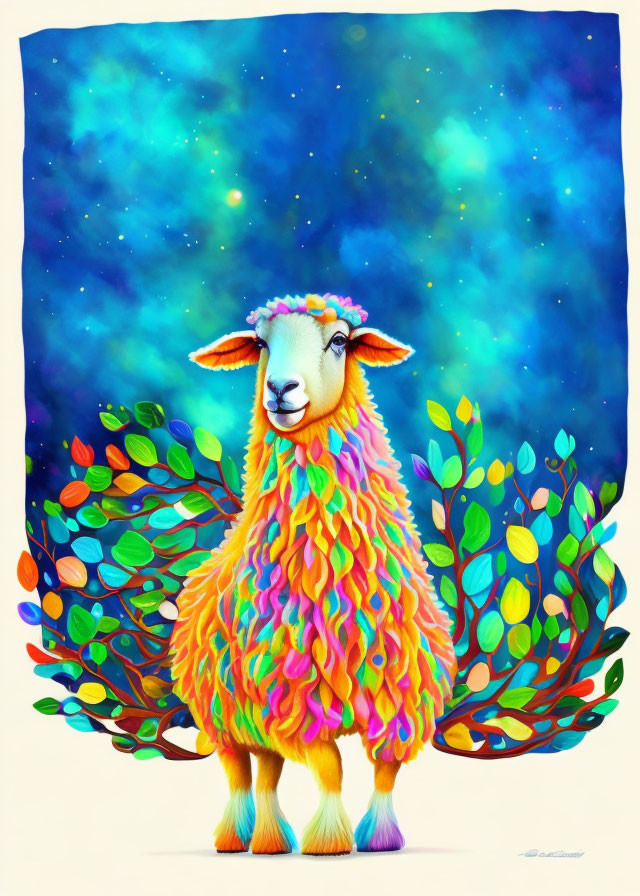 Vibrant sheep illustration with rainbow wool in cosmic setting