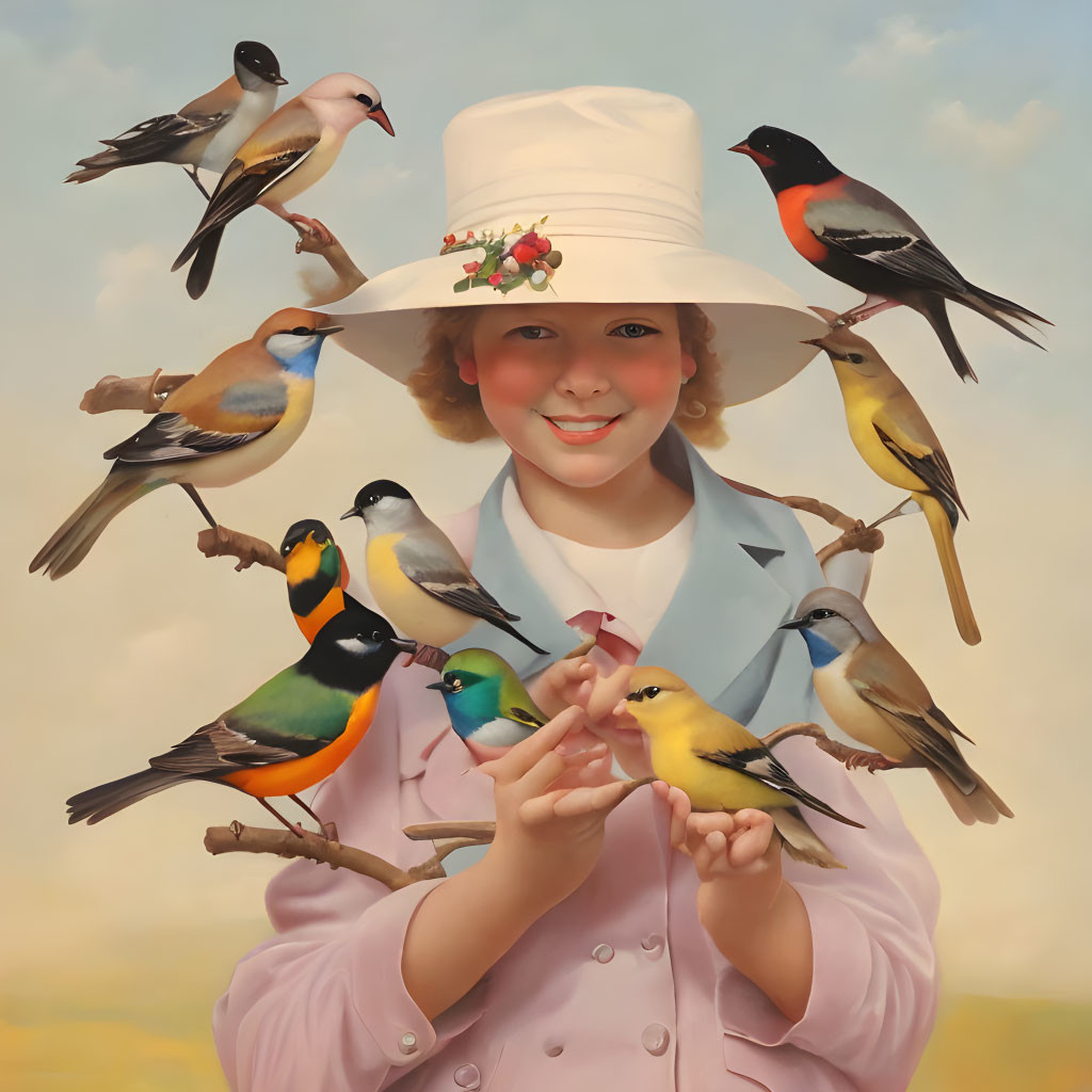 Smiling girl with white hat and colorful birds against cloudy sky