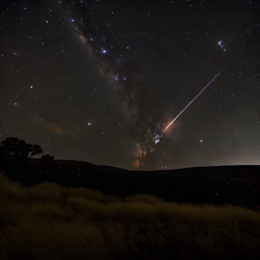 Starry night sky with Milky Way, shooting star, tree-line silhouette, and golden grass