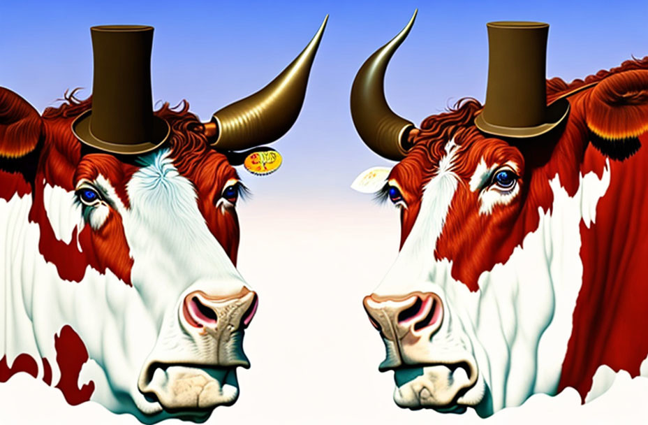 Two cows in top hats with butterfly, blue sky background