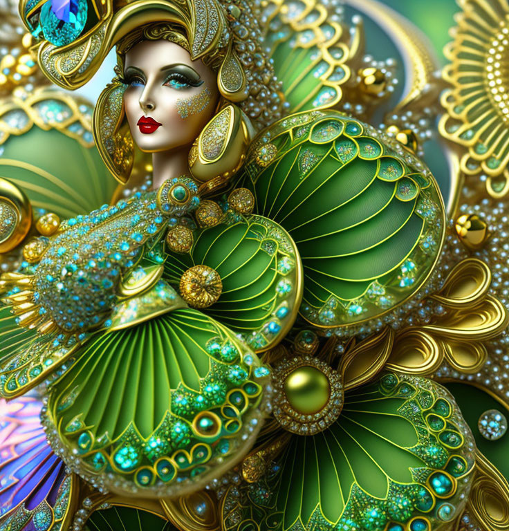 Detailed digital artwork: Woman in ornate emerald and gold jewelry, baroque style