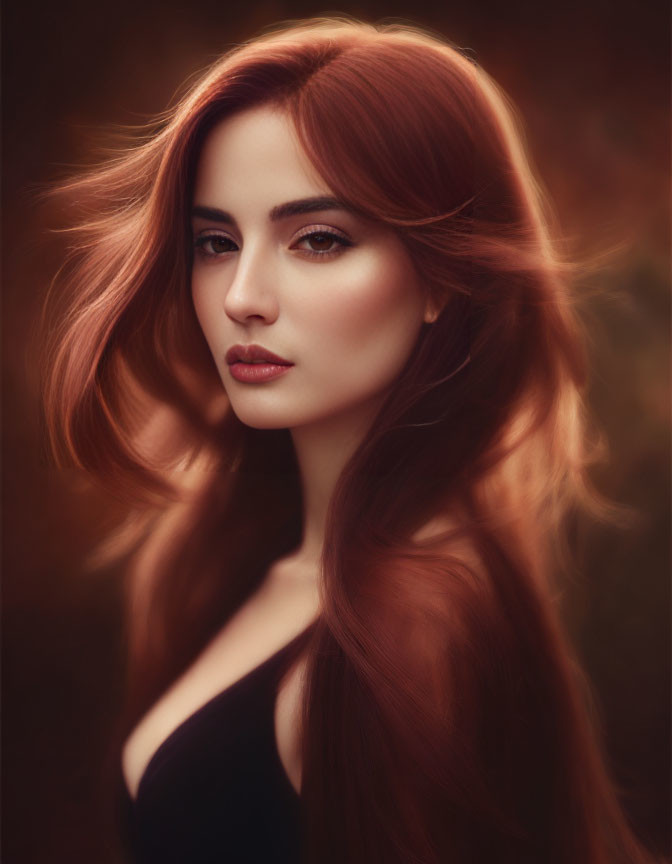 Red-haired woman in serene expression against warm blurred background