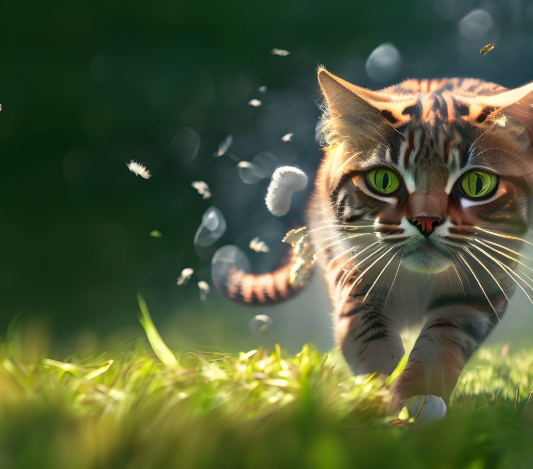 Playful tabby cat with vivid green eyes among dandelions on a sunny day