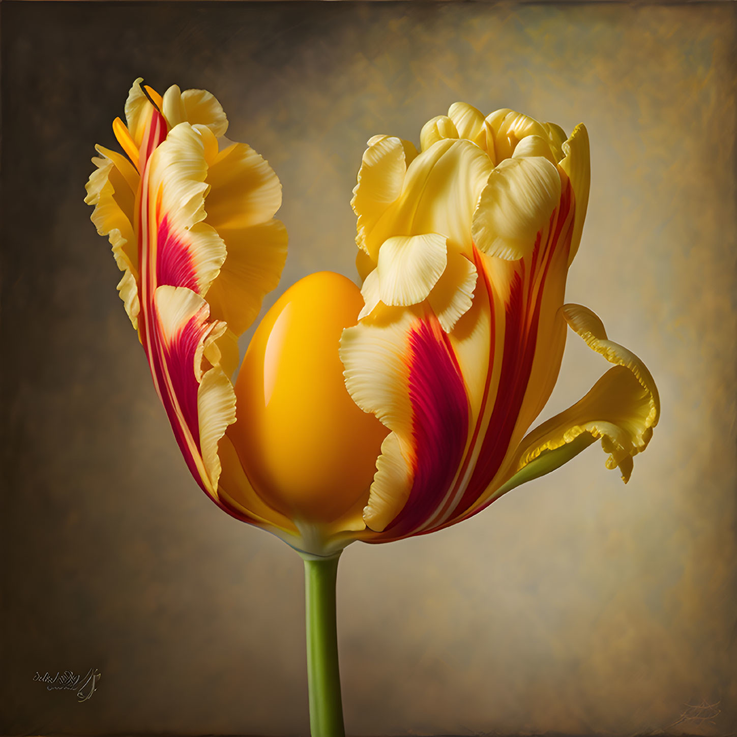 Vibrant yellow tulip with red-edged white petals on golden background