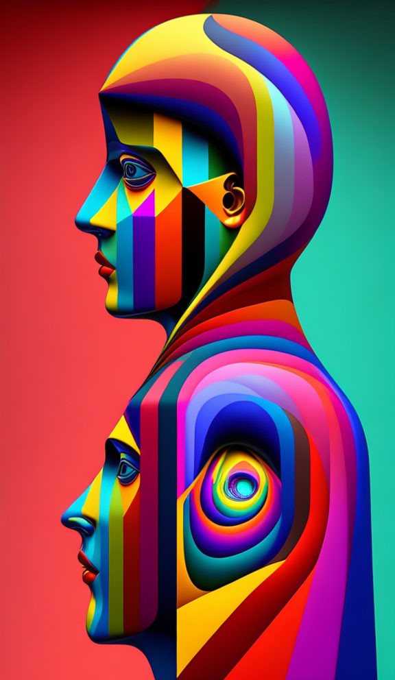 Colorful Abstract Digital Art: Human Head Profiles with Geometric Patterns