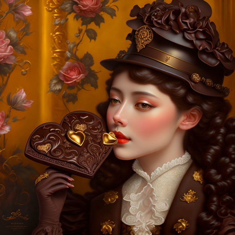 Victorian woman with chocolate-themed attire and heart-shaped box against floral backdrop