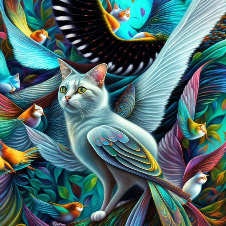 Colorful Winged Creatures in Whimsical Cat Illustration