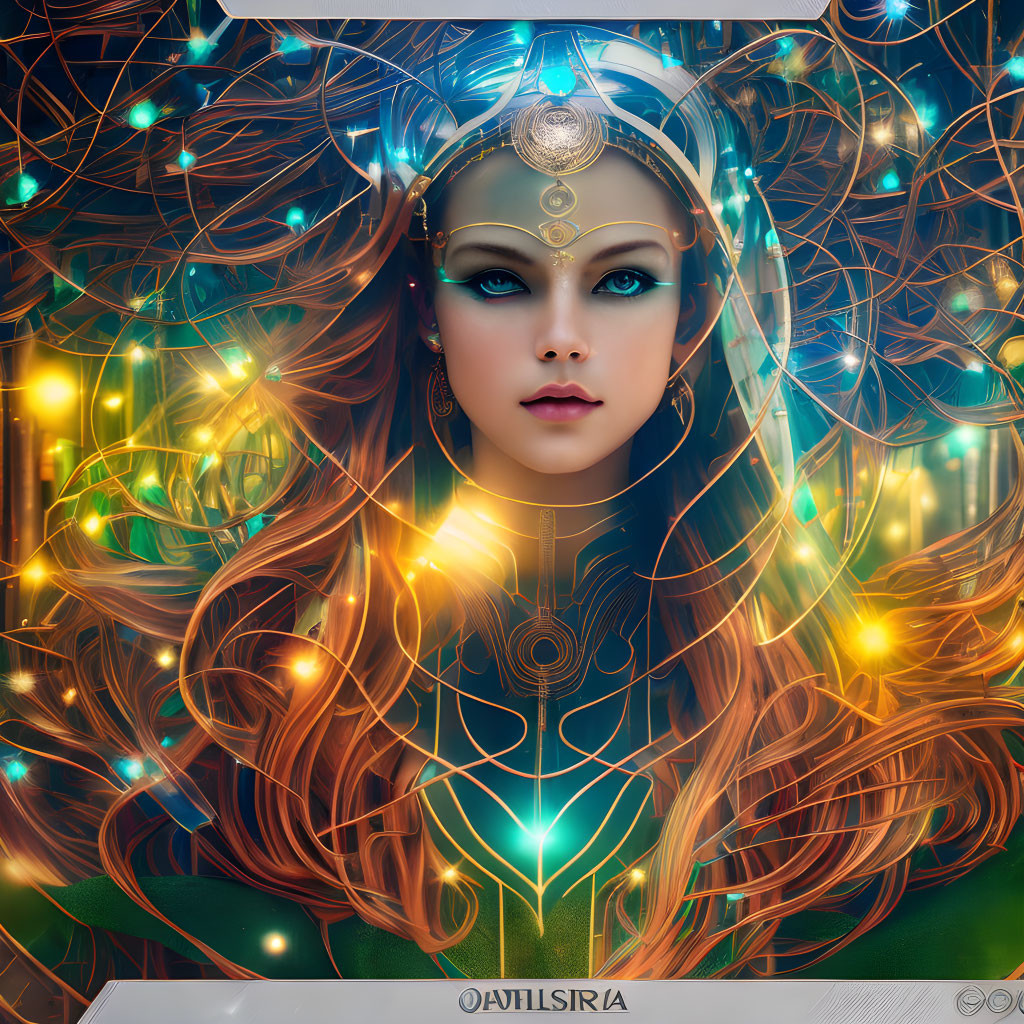 Digital artwork: Woman with blue eyes, golden headgear, glowing elements, mystical aura