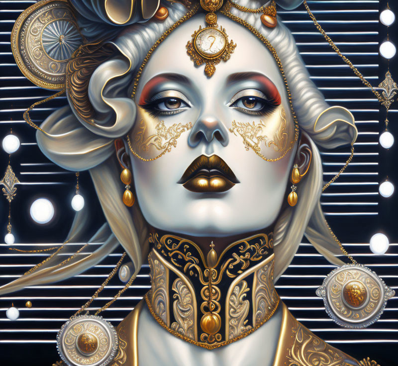 Woman with gold adornments and mystical aura on starlit backdrop