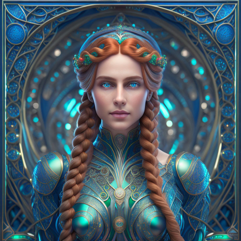 Woman with Braided Hair in Elaborate Blue Armor Against Mandala Background