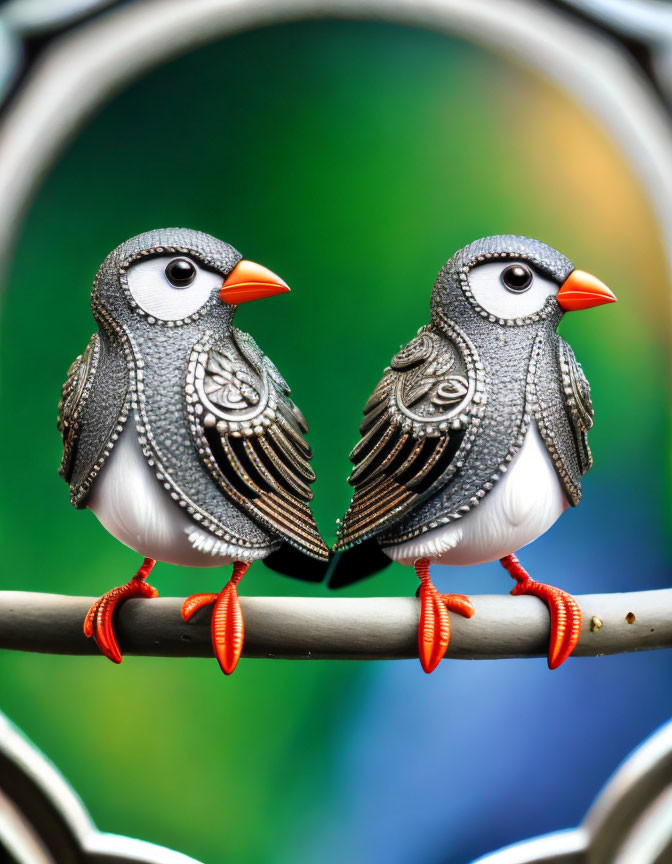 Ornamental birds with silver designs on branch, orange beaks, green background