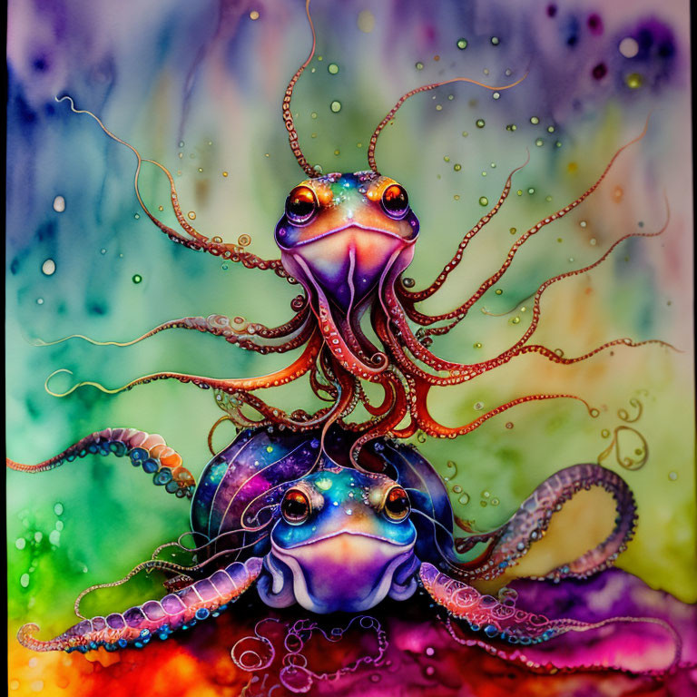 Colorful stylized octopuses on vibrant background