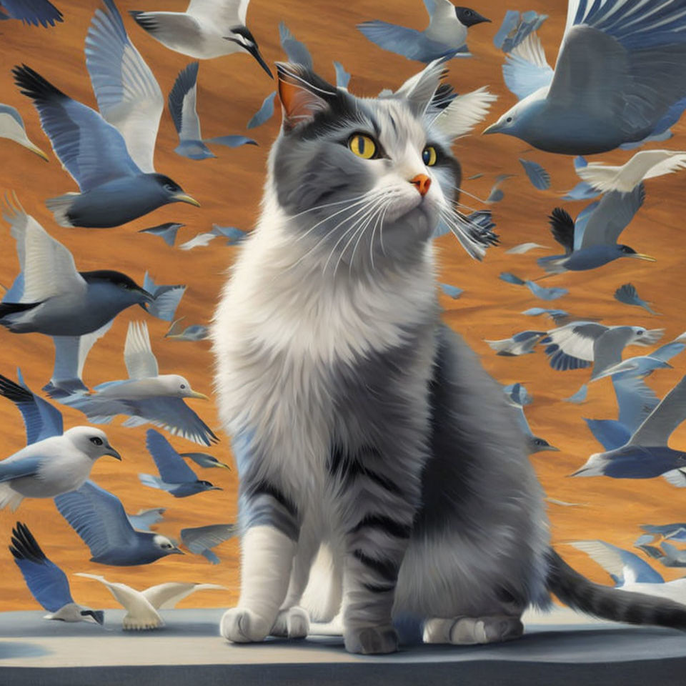 Grey and White Long-Haired Cat Among Flying Pigeons