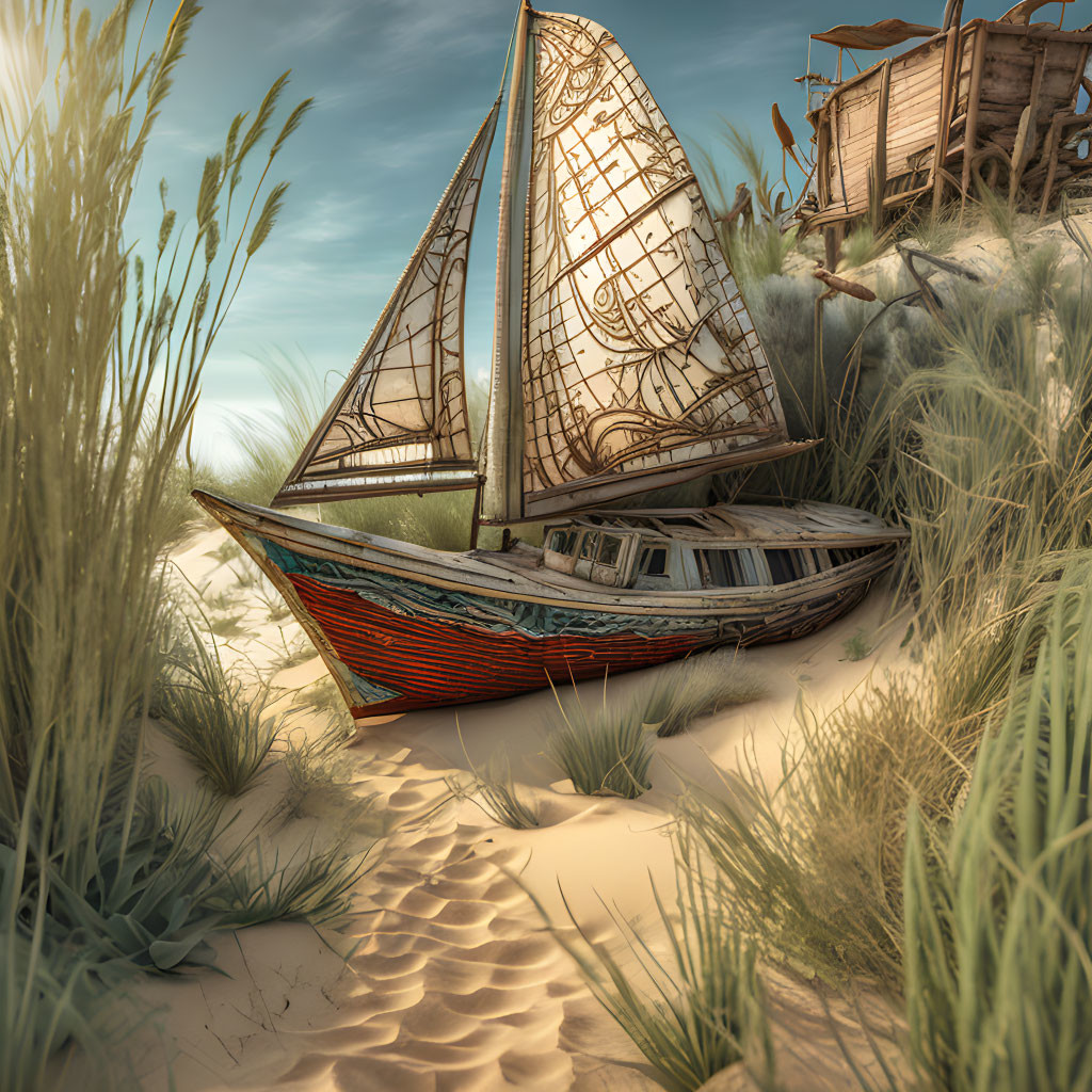 Vintage sailboat with intricate sail designs on beach near dune grass and wooden shack