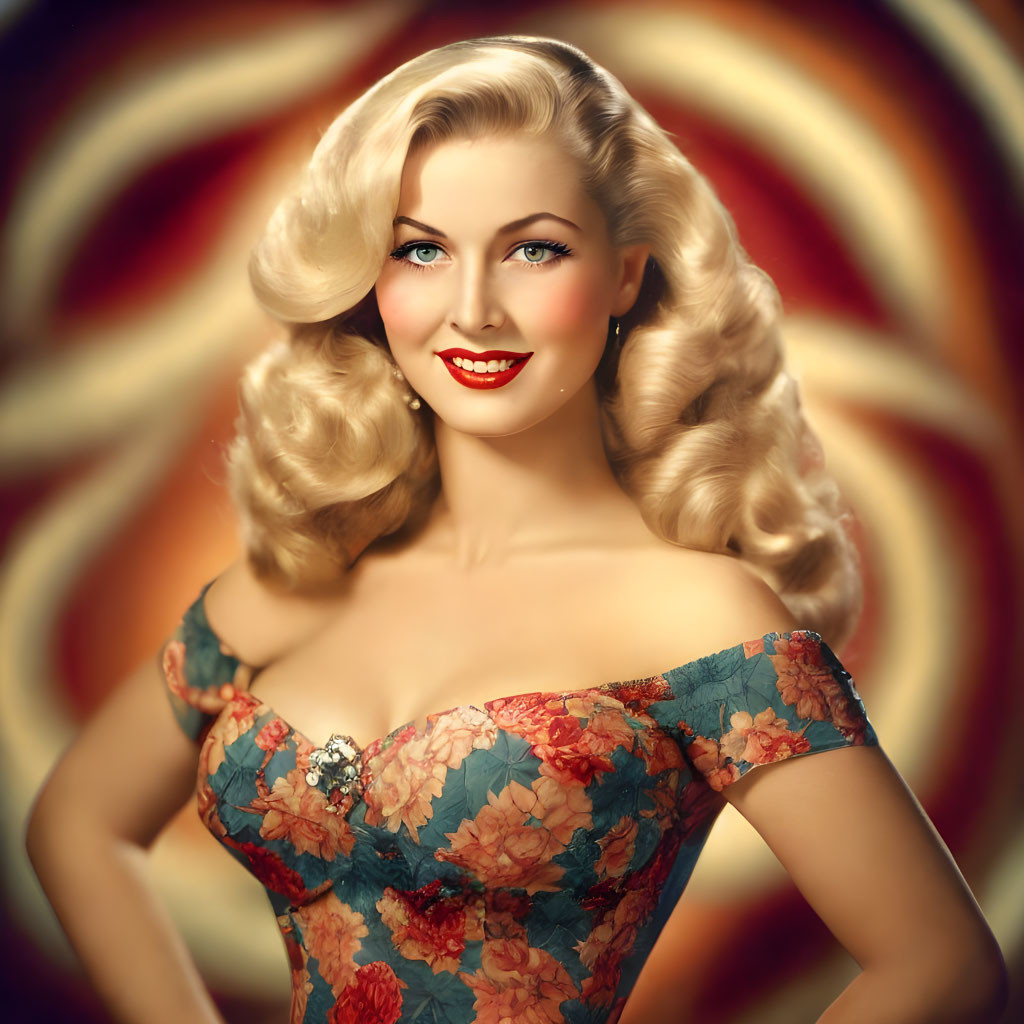 Smiling woman in vintage portrait with blonde curls and floral dress