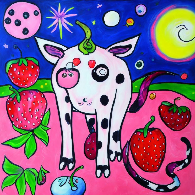 Whimsical cow painting with oversized strawberries and celestial elements