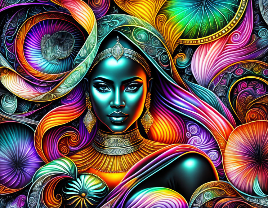 Colorful digital artwork of a stylized woman with intricate patterns in vibrant hues