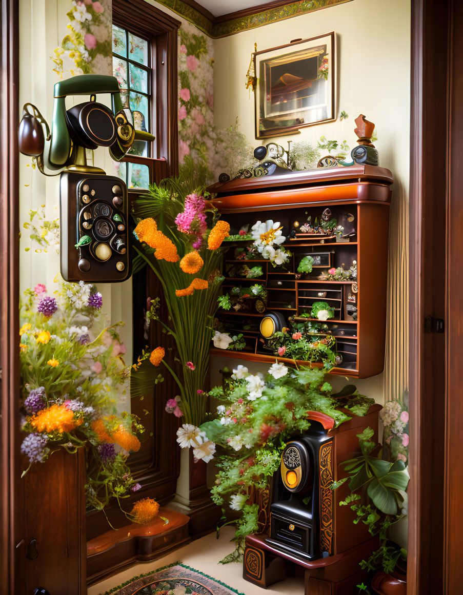 Vintage corner with black telephone, wooden cabinet, flowers, and classic radio.