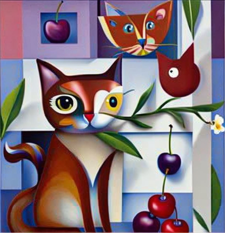 Vibrant Cubist Painting with Cats, Cherries, and Geometric Shapes