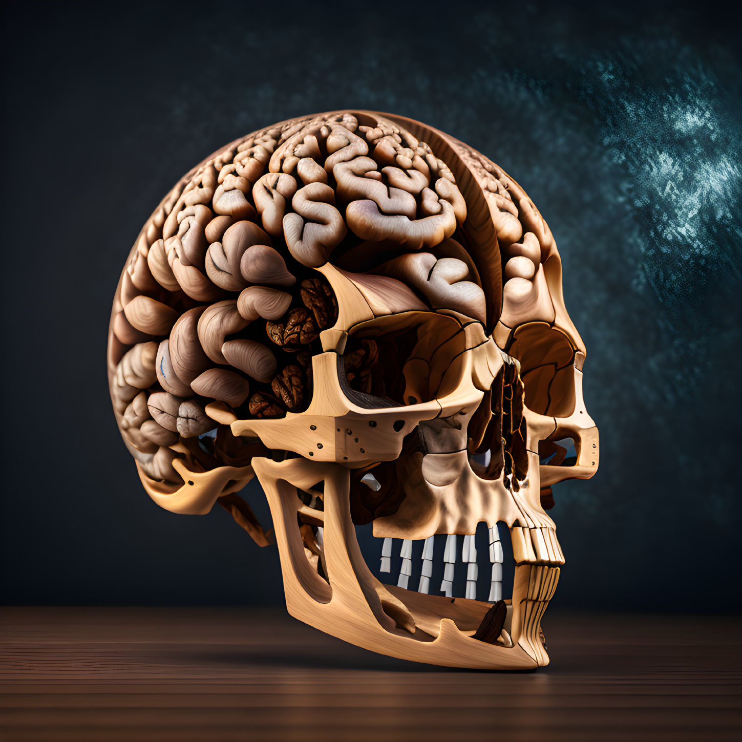 Detailed 3D human skull with exposed brain on dark backdrop