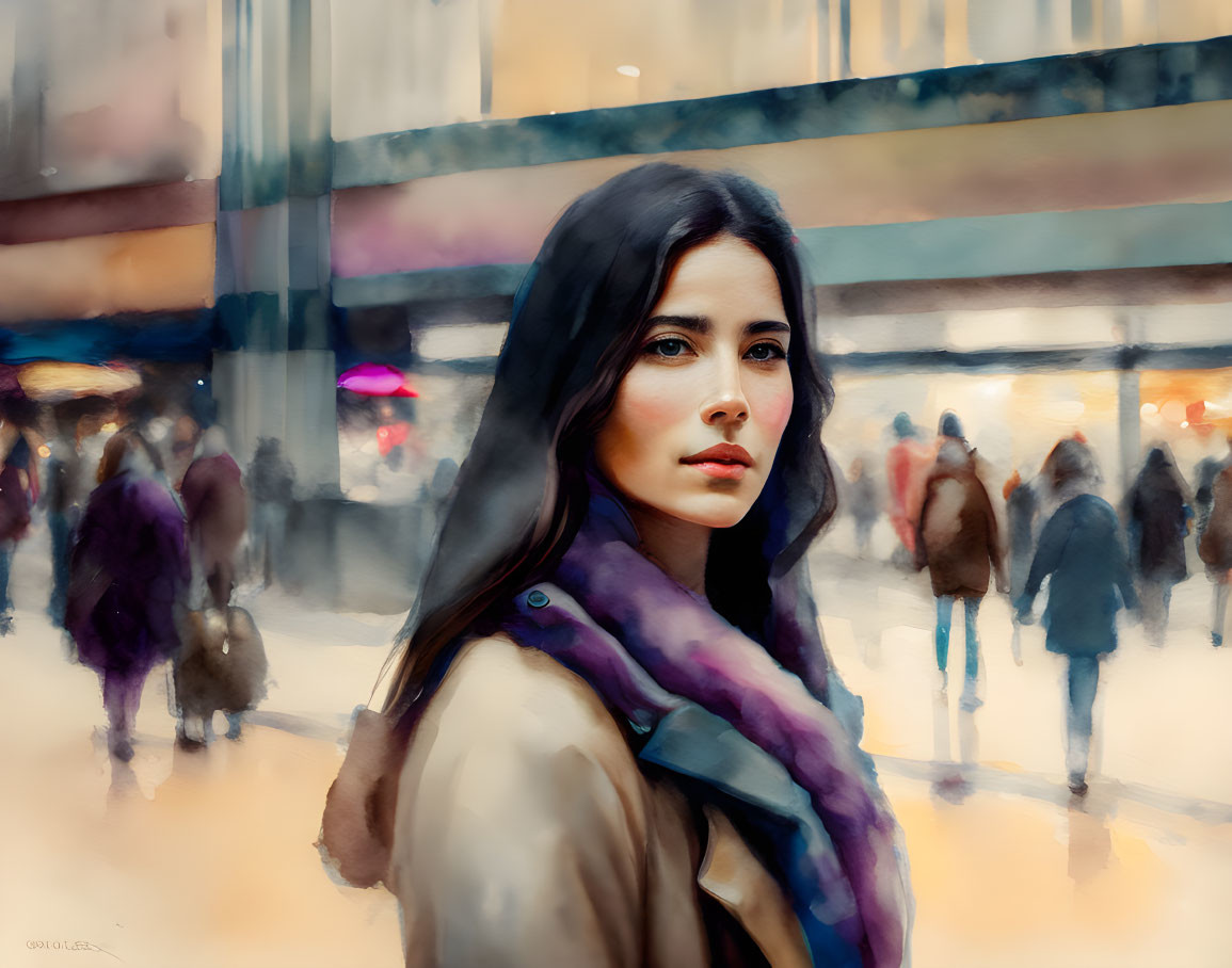 Dark-haired woman stands in vibrant cityscape.