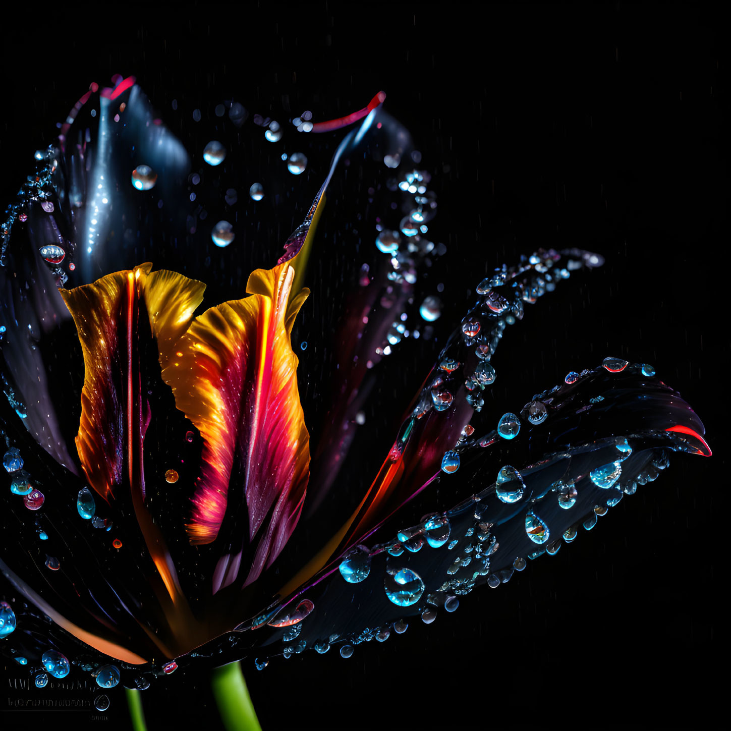 Vivid red and yellow tulip with water droplets on dark background