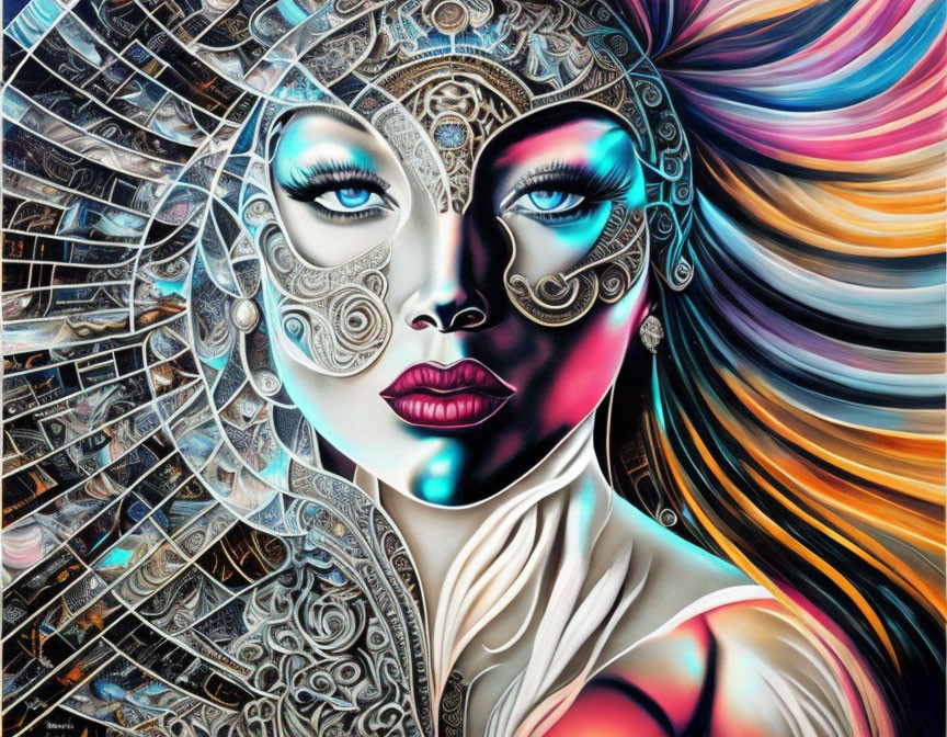 Stylized digital artwork of a woman with metallic textures