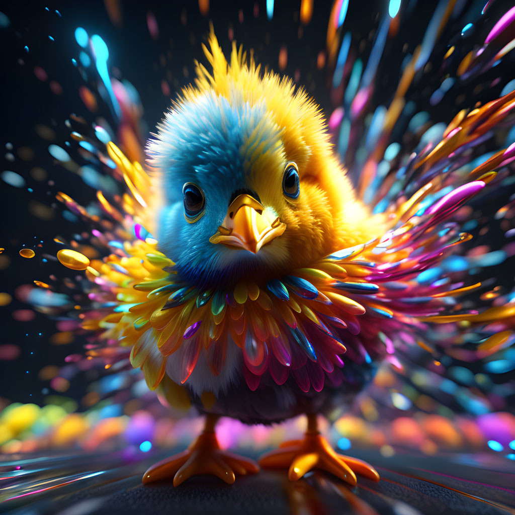 Colorful Fluffy Chick with Iridescent Feathers and Dynamic Light Streaks