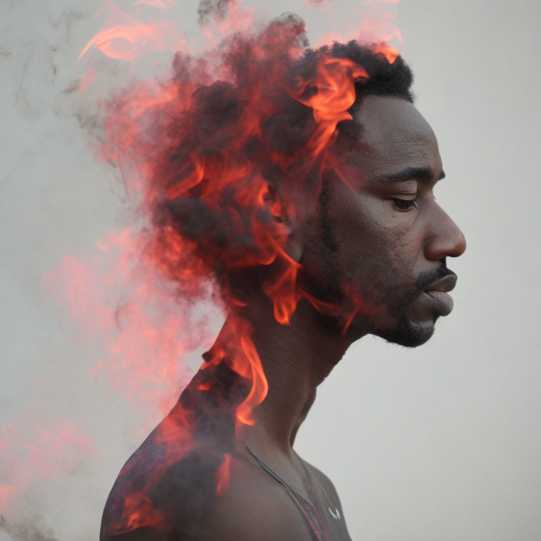 Man with Red and Orange Flame-Like Smoke Profile View on Plain Background