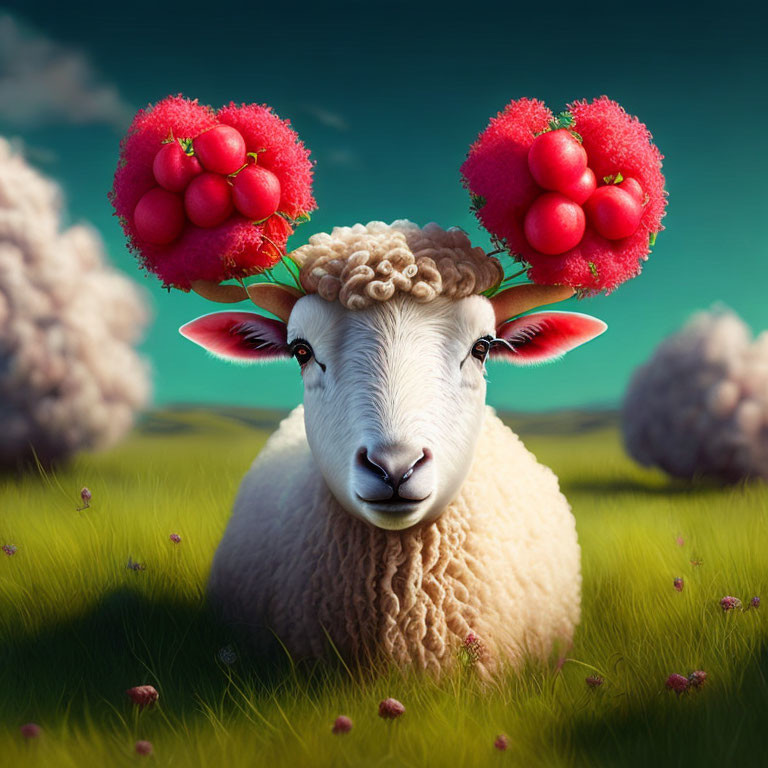 Digital artwork: Sheep with red berry-like clusters on wool in green field