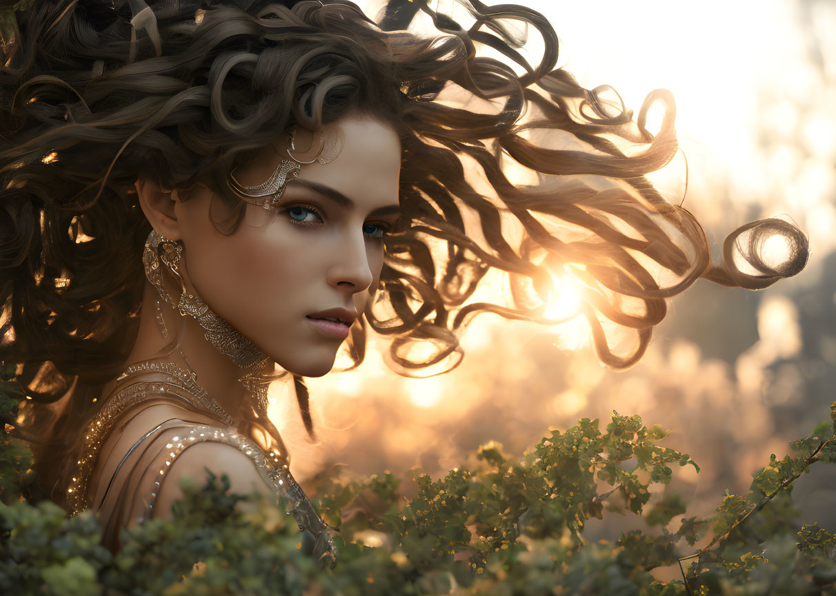 Curly-haired woman adorned with jewelry in sunlit forest